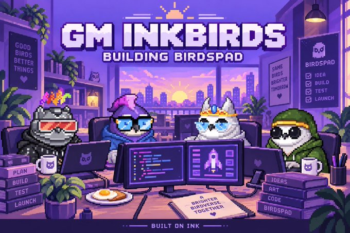 A pixel art promotional image titled 'GM INKBIRDS BUILDING BIRDSPAD' featuring four animated bird characters working at computers in a purple-toned office setting.