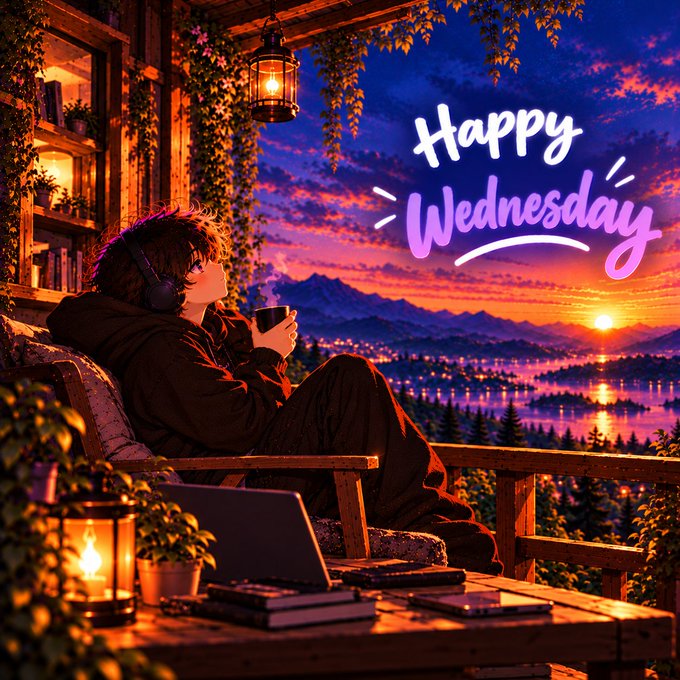 Anime-style illustration of a person in headphones sitting on a porch at sunset, drinking a beverage, with a laptop and books nearby; "Happy Wednesday" text is displayed.