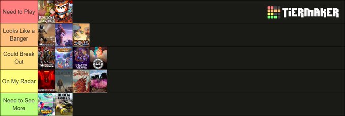 A TierMaker tier list categorizing video games into tiers: 'Need to Play', 'Looks Like a Banger', 'Could Break Out', 'On My Radar', and 'Need to See More', with game covers like Dragon's Dogma 2 visible.
