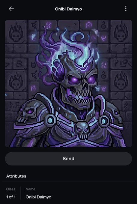 A mobile app screen displaying a pixel art character called "Onibi Daimyo" featuring a purple and dark armored skull figure with glowing purple flames.