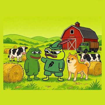 The illustration depicts cartoon characters—including a Pepe-style frog and a Shiba Inu dog—standing in a barnyard with cows and hay bales, humorously tying into the $PENPE rally post as the meme coin positions itself as the "next PEPE" by featuring the iconic frog character.