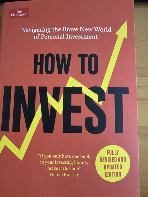 The cover of a red book titled 'HOW TO INVEST' by The Economist, subtitled 'Navigating the Brave New World of Personal Investment,' features a yellow upward-trending arrow and a recommendation from Harold Evensky.