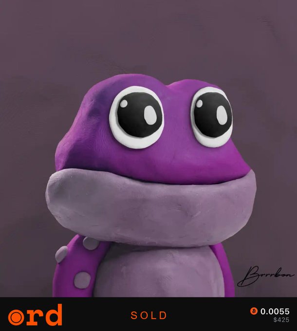 A 3D-rendered purple frog character with large eyes and a lighter purple belly, displayed as a digital collectible marked 'SOLD' for $425 on the 'ord' platform with a 0.0055 ETH price tag.
