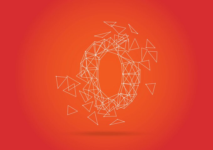 A geometric, low-poly wireframe design of the number '0' on a red-orange gradient background.