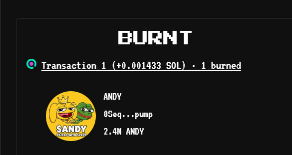 A dark-themed crypto transaction screenshot titled 'BURNT' showing 'Transaction 1 (+0.001433 SOL) · 1 burned' for 'ANDY' token (0Seq...pump) with 2.4M ANDY, featuring a cartoon character logo with a crown.