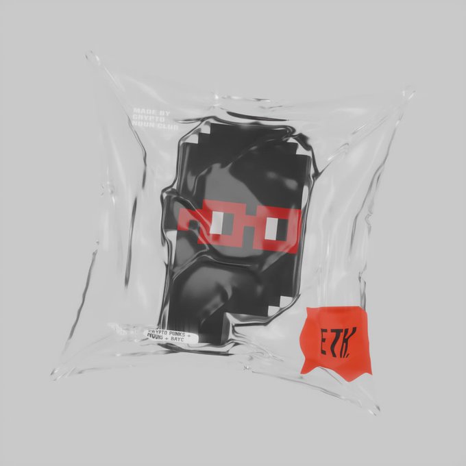 The image features a clear plastic bag with a black and red design, which appears to be a new pair of glasses or sunglasses. The bag has a label that says "EZK" on it, indicating that it's a limited edition item being offered for free. The tag also mentions the website "www.cncnft.com" where one can find more information about this special offer.