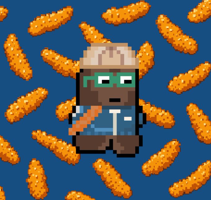 A pixel art character with brown skin, green glasses, and an orange safety vest surrounded by orange fried chicken tenders on a blue background.