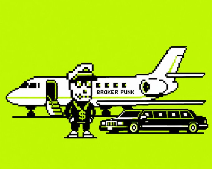 A pixel art graphic with a neon green background featuring a skeleton character in front of a private jet labeled "BROKER PUNK" and a black stretch limousine.