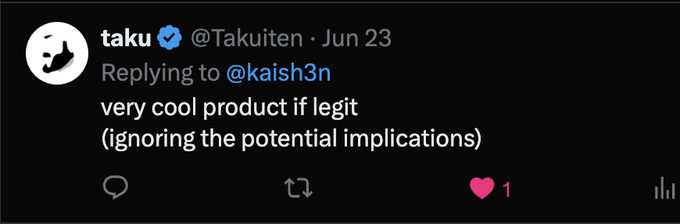 A tweet from "taku" (@Takuitten) dated Jun 23 replying to @kaish3n reads "very cool product if legit (ignoring the potential implications)" and has 1 like, reflecting the cautious but intrigued reaction to EnrichFun's algorithmic trading tools mentioned in the accompanying post.