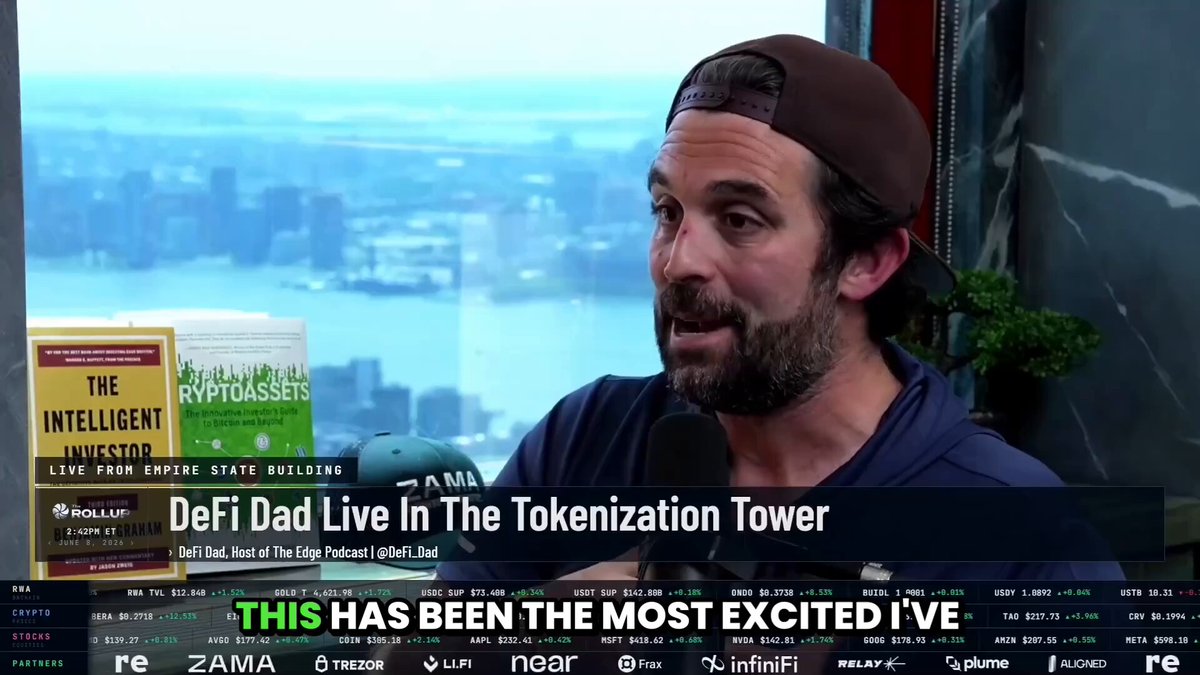 The image features a man wearing a baseball cap sitting at a desk with two books behind him. The book titles are "The Intelligent Investor" by Benjamin Graham and "The Wolf of Wall Street" by Jordan Belfort, both of which discuss the fundamentals of investing in the stock market. The post is titled "This is the most excited I've been to buy ETH in years", indicating that the man is excited about a recent investment opportunity involving Ethereum.