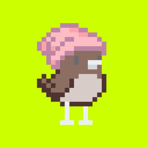 A pixel art character resembling a small bird with a pink mushroom-like cap stands against a bright green background.