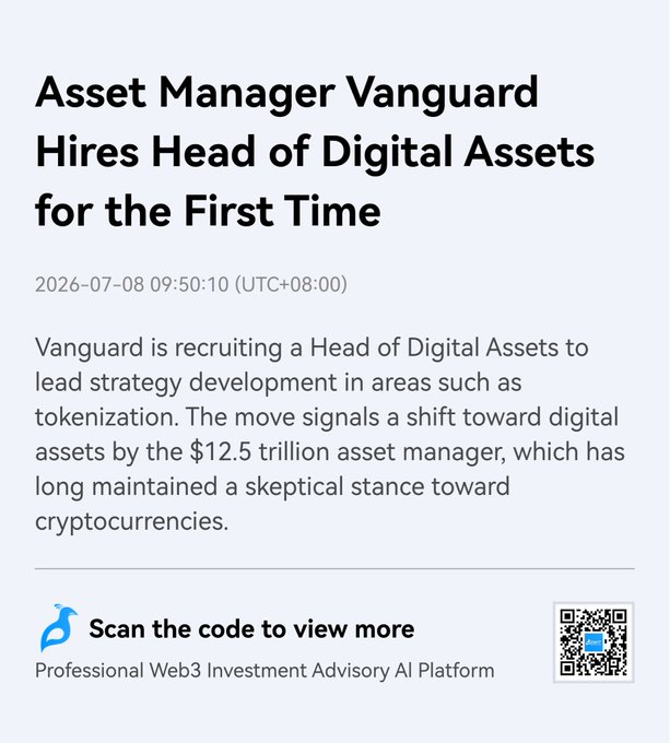A news article headline reading 'Asset Manager Vanguard Hires Head of Digital Assets for the First Time', dated 2026-07-08, discussing Vanguard's recruitment for tokenization strategy.