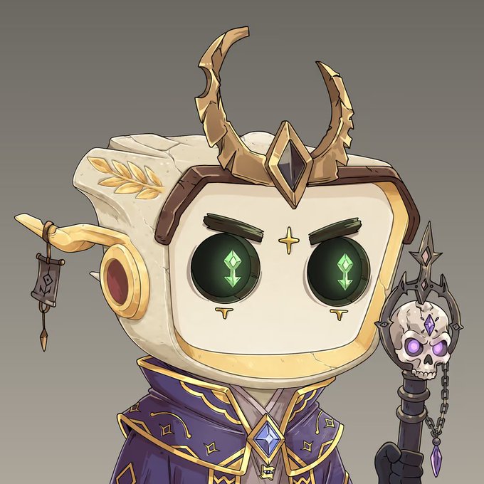 A digital illustration of a robot-like character with a square white head, glowing green diamond eyes, golden antler-like horns, and a purple robe, holding a skull-topped staff.