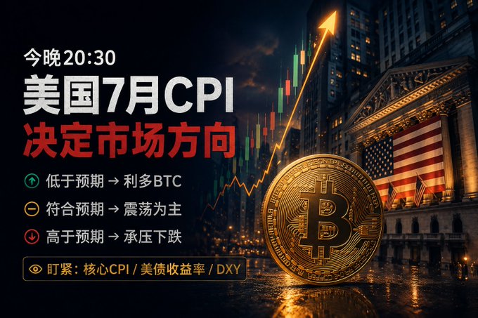 A Chinese-language promotional graphic stating '美国7月CPI 决定市场方向' (US July CPI determines market direction), listing scenarios for BTC based on CPI outcomes, scheduled for tonight at 20:30.