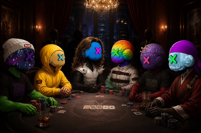 A group of masked figures wearing colorful helmets with X-shaped eye holes sit around a poker table covered in chips and cards, with one figure in a yellow hoodie and another in a spiked mask holding cash.
