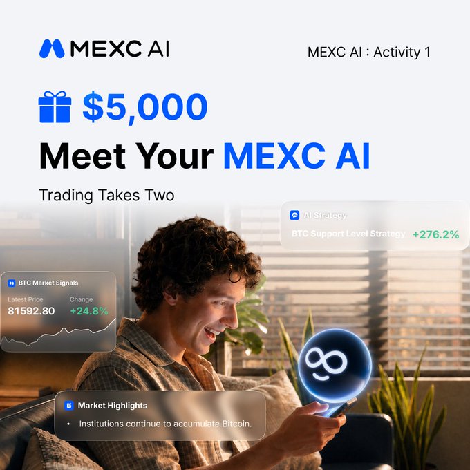 A MEXC AI promotional image features a smiling young man holding a smartphone with a glowing AI assistant avatar, surrounded by trading widgets showing BTC Market Signals (Latest Price: 81592.80, +24.8%), a BTC Support Level Strategy at +276.2%, and Market Highlights noting institutional Bitcoin accumulation. The "Meet Your MEXC AI" campaign highlights a $5,000 (2,500 USDT) prize pool for the "Trading Takes Two" activity, aligning with the post's call to follow, retweet, and use #TradingTakesTwo #MEXCAI for a chance to win.