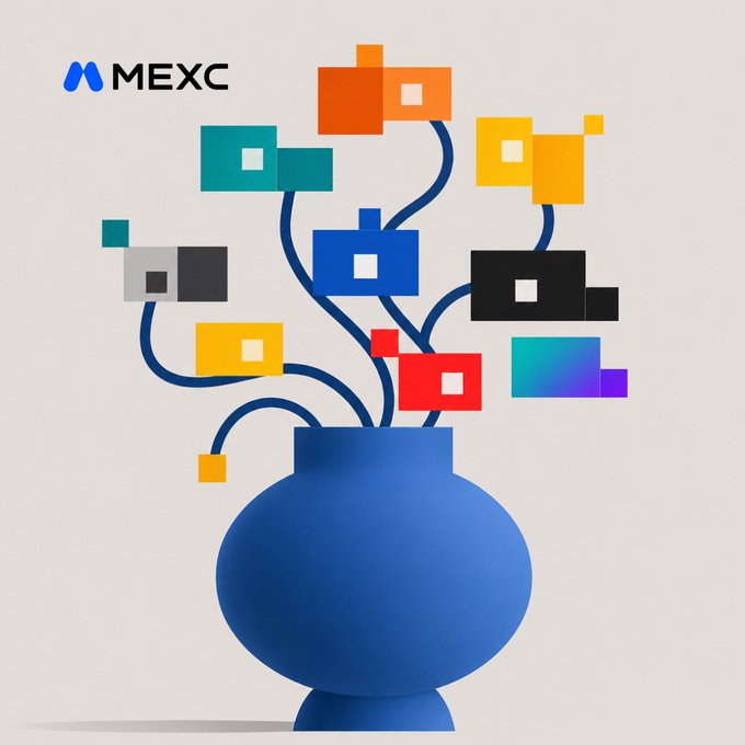 The image features a blue vase with colorful pixelated squares blooming like flowers from its top, alongside the MEXC logo, visually representing the diverse growth of crypto portfolios. The caption "Every portfolio blooms differently. What's growing in yours?" aligns with the image's metaphor of varied, vibrant crypto assets flourishing from a single foundation.