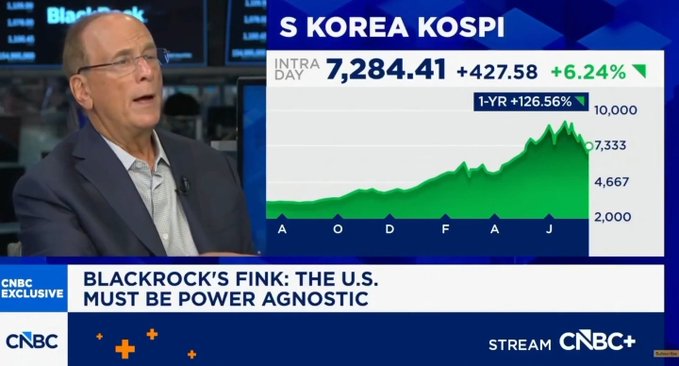 BlackRock CEO Larry Fink appears on CNBC alongside a chart showing South Korea's KOSPI index at 7,284.41 (+6.24%), as the caption "BLACKROCK'S FINK: THE U.S. MUST BE POWER AGNOSTIC" is displayed during a discussion about his bullish outlook on crypto over the next 12 months.