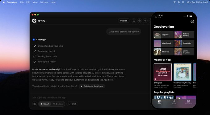 A macOS desktop screenshot showing the 'Superapp' app being built and prepared, with a Spotify-clone mobile interface preview on the right featuring 'Good evening', 'Made For You', and 'Popular playlists' sections.
