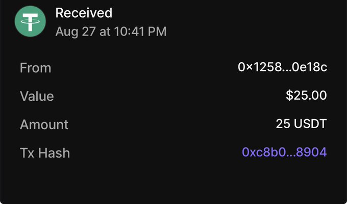 A mobile transaction notification showing a received payment of 25 USDT ($25.00) on Aug 27 at 10:41 PM, with the Tether logo and transaction hash 0xc8b0...8904.