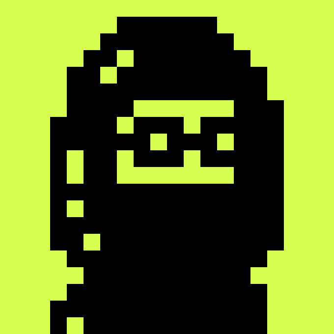 A pixelated black silhouette of a hooded figure with goggles appears against a bright neon green background.