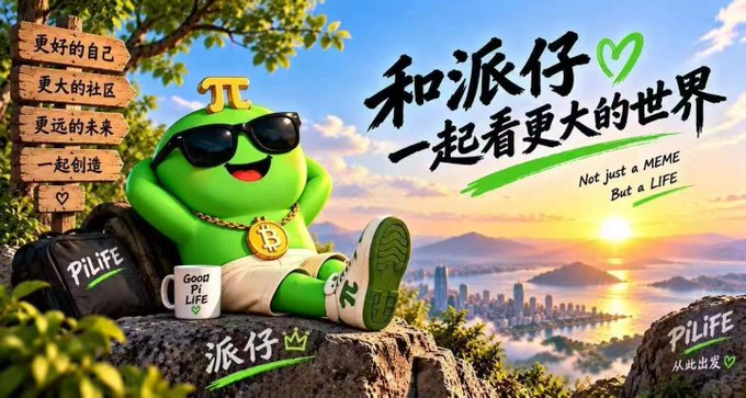 Promotional banner featuring a green cartoon frog mascot wearing sunglasses and a Bitcoin necklace, with Chinese text promoting PiLife meme, including 'Not just a MEME But a LIFE' and signs reading '更好的自己' and '更大的社区'.
