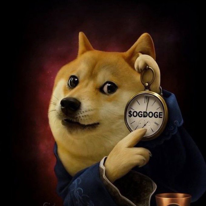 A regal Doge (Shiba Inu) depicted in the style of a classical oil painting, holding up a pocket watch displaying "$OGDOGE" like a vital ticker symbol. The portrait's elegant, time-honored aesthetic reinforces the post's bold claim that "Ogdoge will leave a lot of sideliners in disbelief" and predicts that "millionaires will be made" from the token.