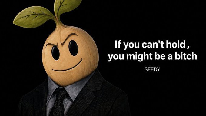 A meme featuring a character with a pumpkin-shaped head in a suit, with the text 'If you can't hold, you might be a bitch' credited to SEEDY.