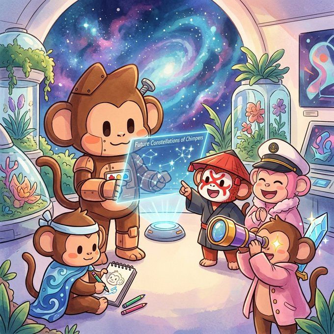 A colorful digital illustration of cartoon monkeys in a space-themed room with starry windows and plants; one monkey presents a holographic star map labeled 'Future Constellations of Chimpers' while others in various outfits observe and draw.