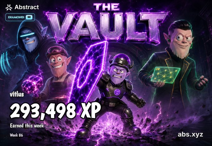 A vibrant purple graphic for 'THE VAULT' by Abstract displays '293,498 XP Earned this week' at Week 86, featuring cartoon-style characters in a dramatic scene.
