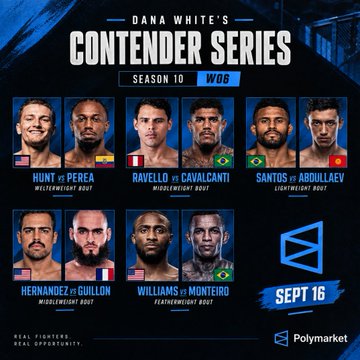 A promotional graphic for 'Dana White's Contender Series Season 10 W06' featuring fighter matchups like Hunt vs Perea and Ravello vs Cavalcanti, with a September 16 date and Polymarket logo.