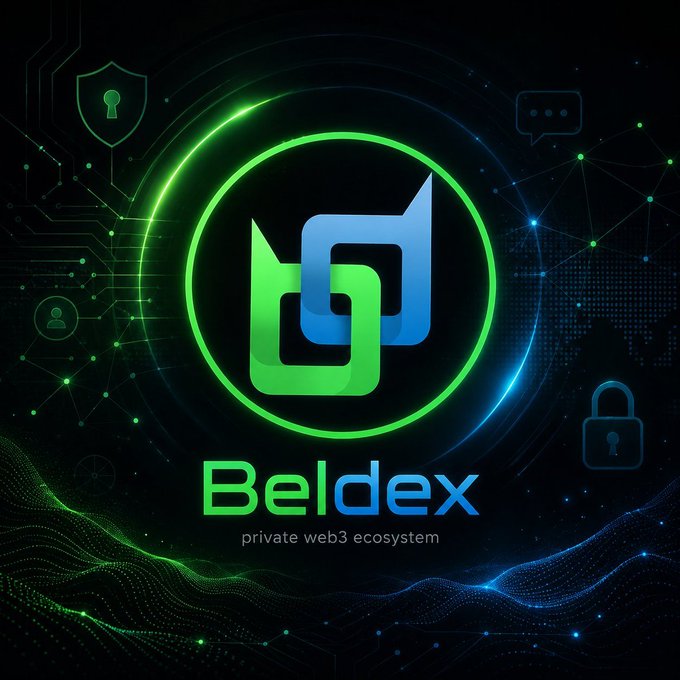 A dark, futuristic promotional graphic displays the Beldex logo in green and blue with the tagline 'private web3 ecosystem', surrounded by security icons and a digital network background.