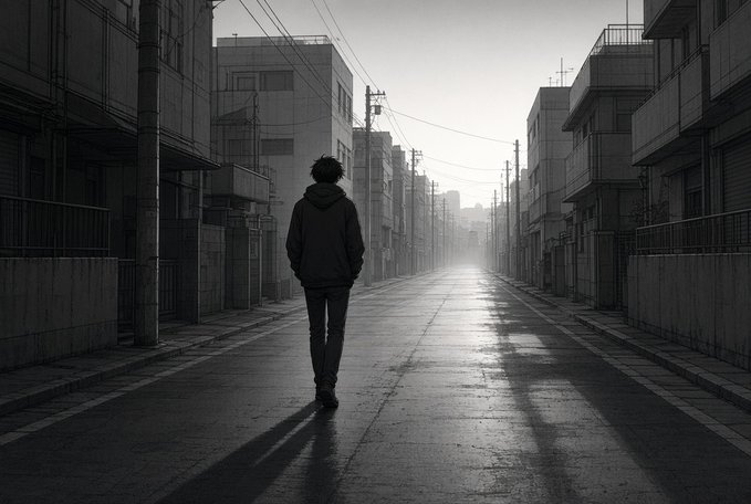 A black-and-white photograph of a young man in a hoodie walking down the middle of an empty, misty urban street lined with buildings and power lines.