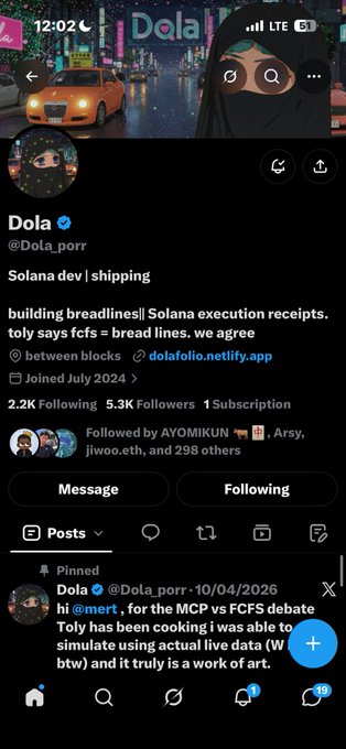 A Twitter/X profile page for 'Dola' (@Dola_porr) showing a ninjamask avatar, banner reading 'Dola', bio stating 'Solana dev | shipping building breadlines|| Solana execution receipts. toly says fcfs = bread lines. we agree' and linking to dolafolio.netlify.app, with 2.2K Following and 5.3K Followers.