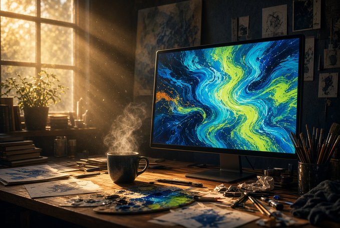 A warm, atmospheric scene of an artist's workspace featuring a computer monitor displaying a vibrant blue and green swirling abstract painting, with a steaming coffee mug, paint brushes, art supplies scattered across a wooden desk, and sunlight streaming through a nearby window.
