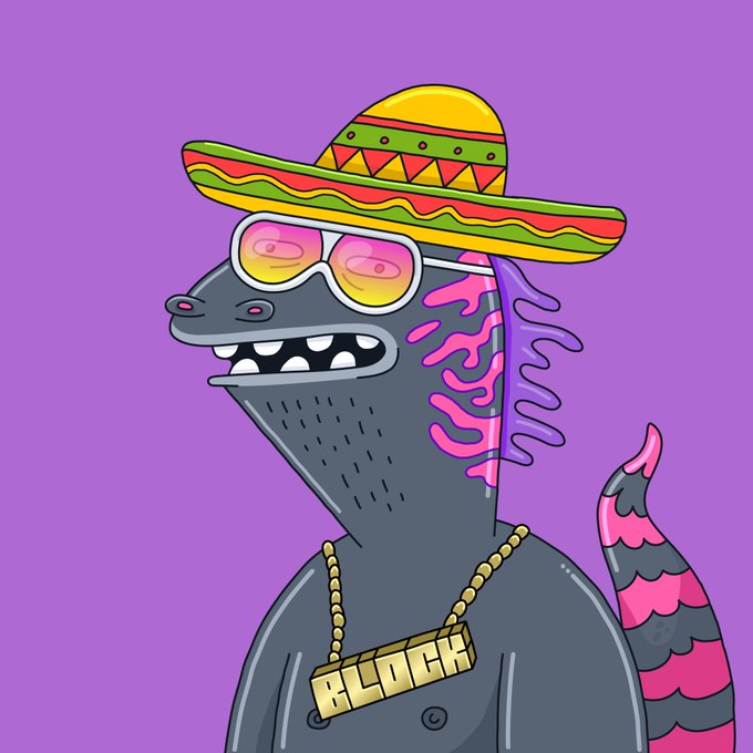 A cartoon illustration of a gray monster character wearing a colorful sombrero, sunglasses with pink lenses, and a gold chain with a 'BLOCK' pendant, set against a purple background.