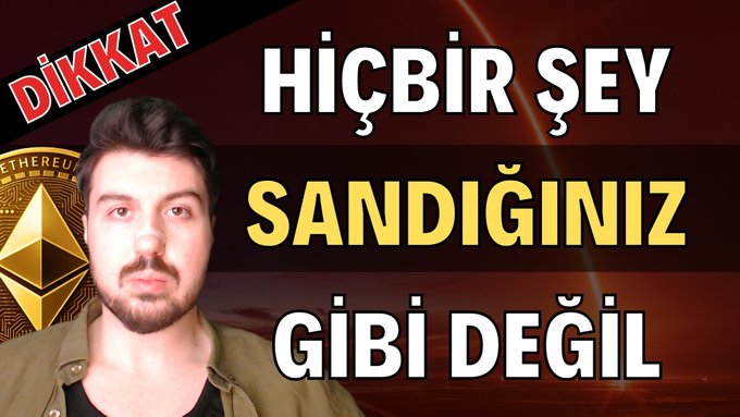 The image features a man with a beard, wearing a brown jacket, standing against a red background. The text "Dikat" is written above him, indicating that he is a creator or contributor of this content. Below his photo, there are three lines of text in Turkish and English, discussing Bitcoin altcoins like Gibi Değil.