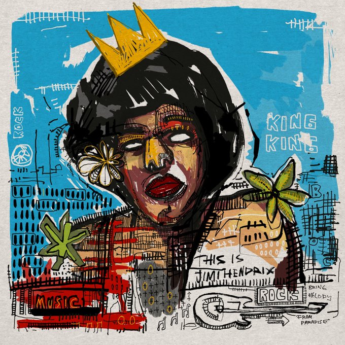A graffiti-style painting of Jimi Hendrix wearing a yellow crown, featuring text such as 'KING KING', 'THIS IS JIMI HENDRIX', 'ROCK', 'MUSIC', and 'BRING THE BLUES FROM PARADISE' against a blue background.