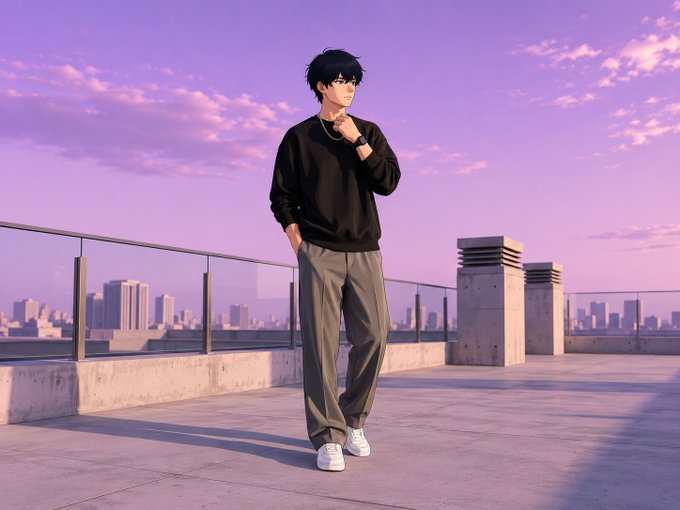 An anime-style illustration of a young man in a black sweater and gray pants standing on a rooftop at sunset with a city skyline behind him.