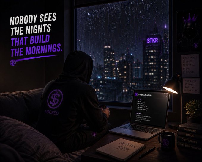 A hooded figure working on a laptop in a dark room with a city skyline at night, featuring motivational text 'NOBODY SEES THE NIGHTS THAT BUILD THE MORNINGS' and labels like 'STKR', 'CONTENT DRAFT', and 'LOCKED'.