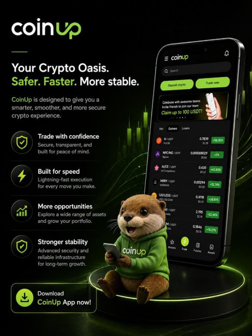 The image features a cell phone with an advertisement for CoinUp. The phone displays a green screen that says "CoinUp" at the top of the frame. Below this, there are several icons representing different aspects of the CoinUp app, such as "Safer", "Faster", and "More stable". A small stuffed animal is also present in the image, sitting next to the cell phone on a black surface. The text in the image suggests that CoinUp is designed for people who already follow news or trends related to cryptocurrency markets, making it easier for them to stay informed about market updates and make better decisions based on their opinions.