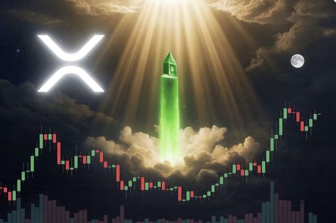 A dramatic scene featuring the XRP cryptocurrency logo alongside a glowing green rocket launching through clouds, set against a backdrop of stock market candlestick charts under a night sky with the moon visible.