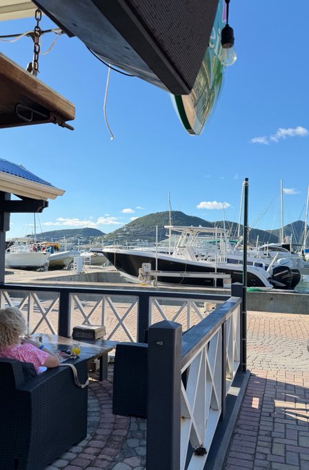 A scenic view from an outdoor cafe patio overlooking a marina filled with boats, with mountains in the background.