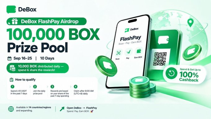 Promotional graphic for the DeBox FlashPay Airdrop featuring a 100,000 BOX Prize Pool over 10 days from Sep 16-25, with 10,000 BOX distributed daily and instructions on how to qualify.