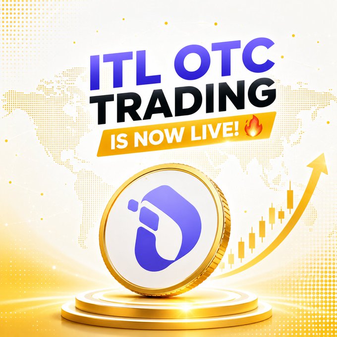 A promotional graphic announces "ITL OTC TRADING IS NOW LIVE!" featuring a gold coin with the ITL logo on a podium, accompanied by an upward gold arrow and candlestick chart against a world map background, visually reinforcing the post's announcement that $ITL's first OTC market has officially opened for trading.