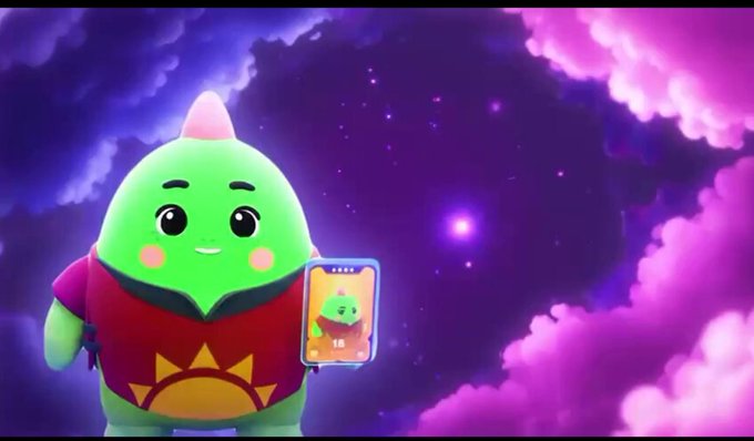 A cute green dinosaur character with a pink crest on its head, wearing a red and yellow shirt, holds up a smartphone displaying what appears to be a character card, set against a dreamy purple and pink starry cloud-filled sky, illustrating the Sleepagotchi app's gamified sleep-tracking concept. The screen shows a character similar to the one in the foreground, emphasizing how users can customize their own Dino companion by maintaining consistent sleep habits.