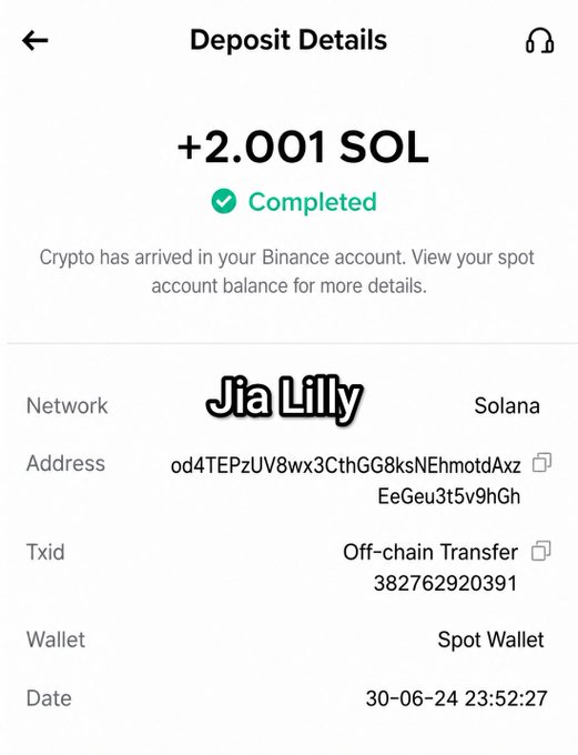 The image shows a Binance "Deposit Details" screen confirming a completed deposit of +2.001 SOL into a Spot Wallet on the Solana network, dated 30-06-24 at 23:52:27. It serves as proof supporting the user's claim of having sent 2 SOL as part of a giveaway reward to their community.