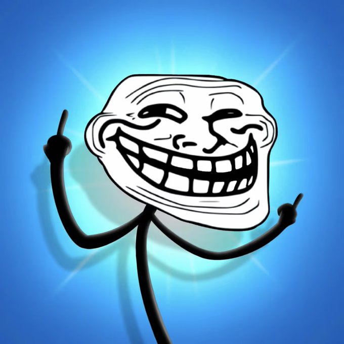 A "Trollface" meme character with arms raised gleefully against a glowing blue background, visually representing the "troll" theme of the post about the $TROLL token, where the author playfully mocks the community for the token's low $200 price and ambitious target market caps.