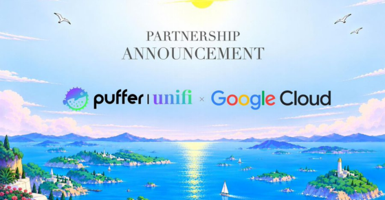 An illustrated landscape with islands, ocean, and a sunny sky, displaying the text 'PARTNERSHIP ANNOUNCEMENT' and the logos for 'puffer unifi x Google Cloud'.