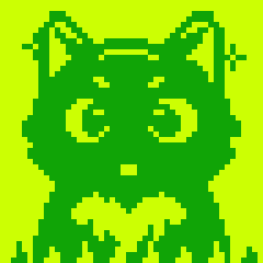 A pixel art image of a green cat-like character on a bright green background.
